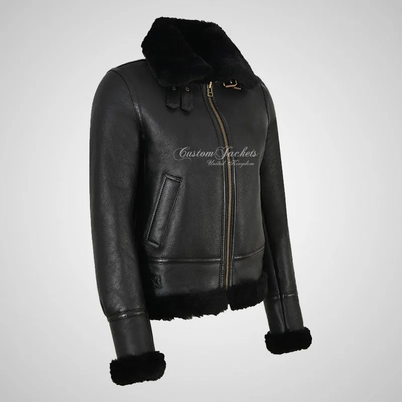WINNIPEG Women's Shearling Jacket Sheepskin RAF Pilot Jacket Black