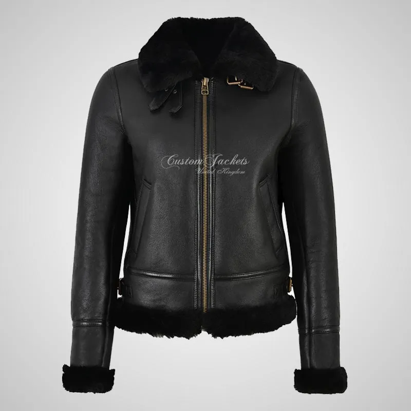 WINNIPEG Women's Shearling Sheepskin Jacket RAF Pilot Jacket Black