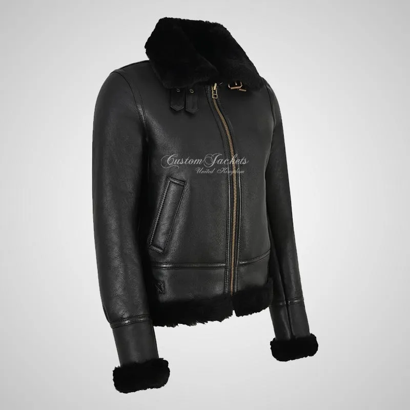 WINNIPEG Women's Shearling Sheepskin Jacket RAF Pilot Jacket Black