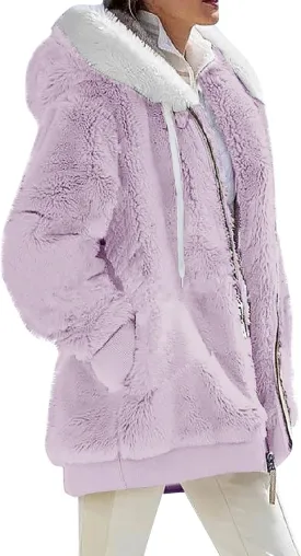 Winter Coats For Women Fuzzy Fleece Jacket Hooded Color Block Patchwork Cardigan Coat Outerwear With Pocket S-5XL