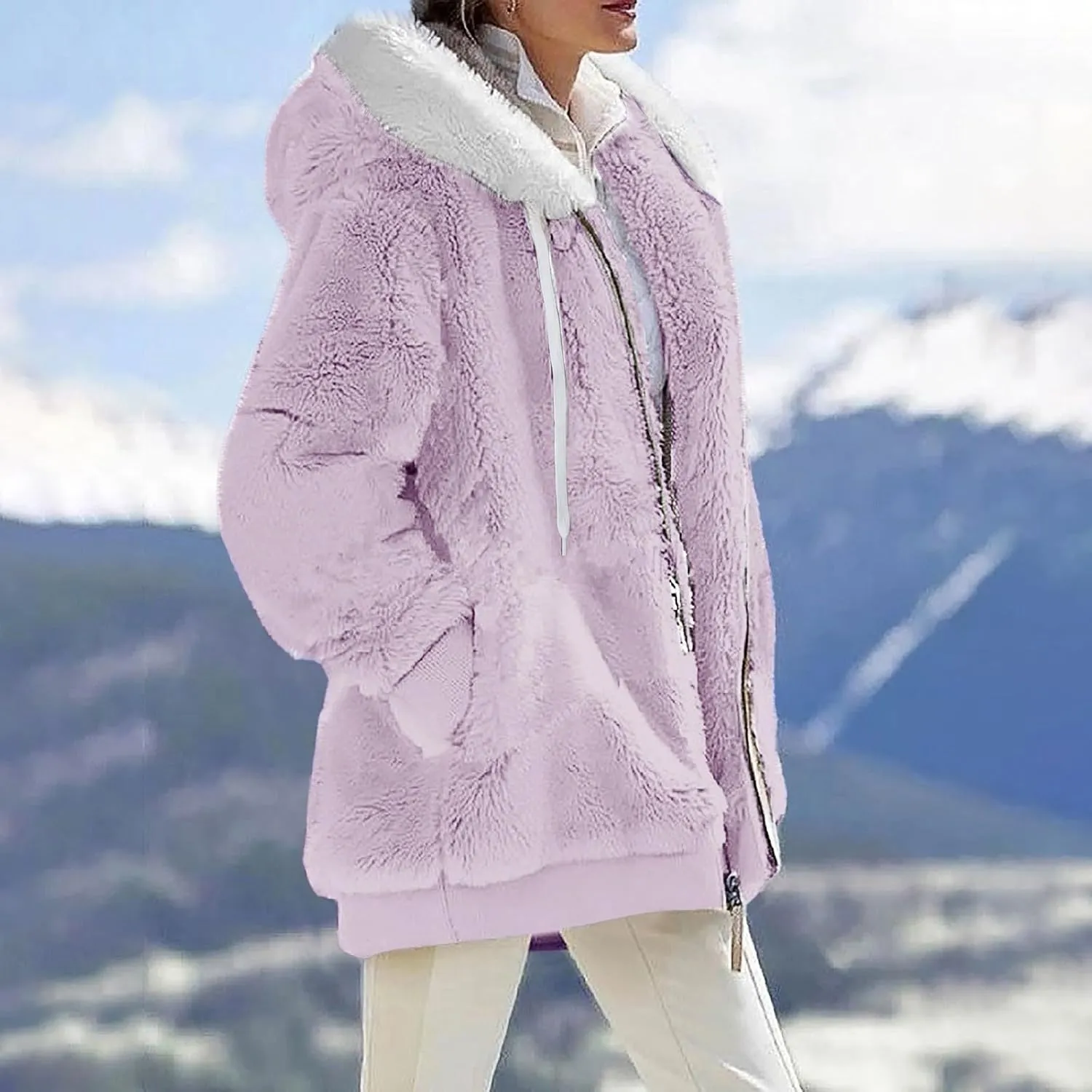 Winter Coats For Women Fuzzy Fleece Jacket Hooded Color Block Patchwork Cardigan Coat Outerwear With Pocket S-5XL