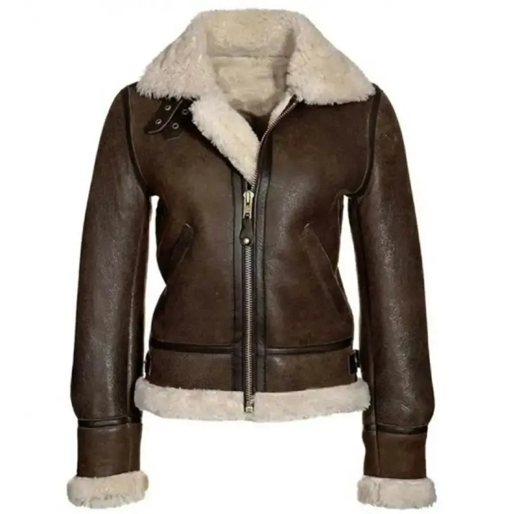 Women Aviator Pilot B3 Bomber Brown Leather Shearling Jacket