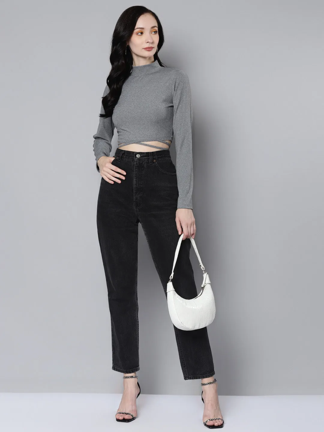 Women Light Grey Rib Waist Tie Crop Top