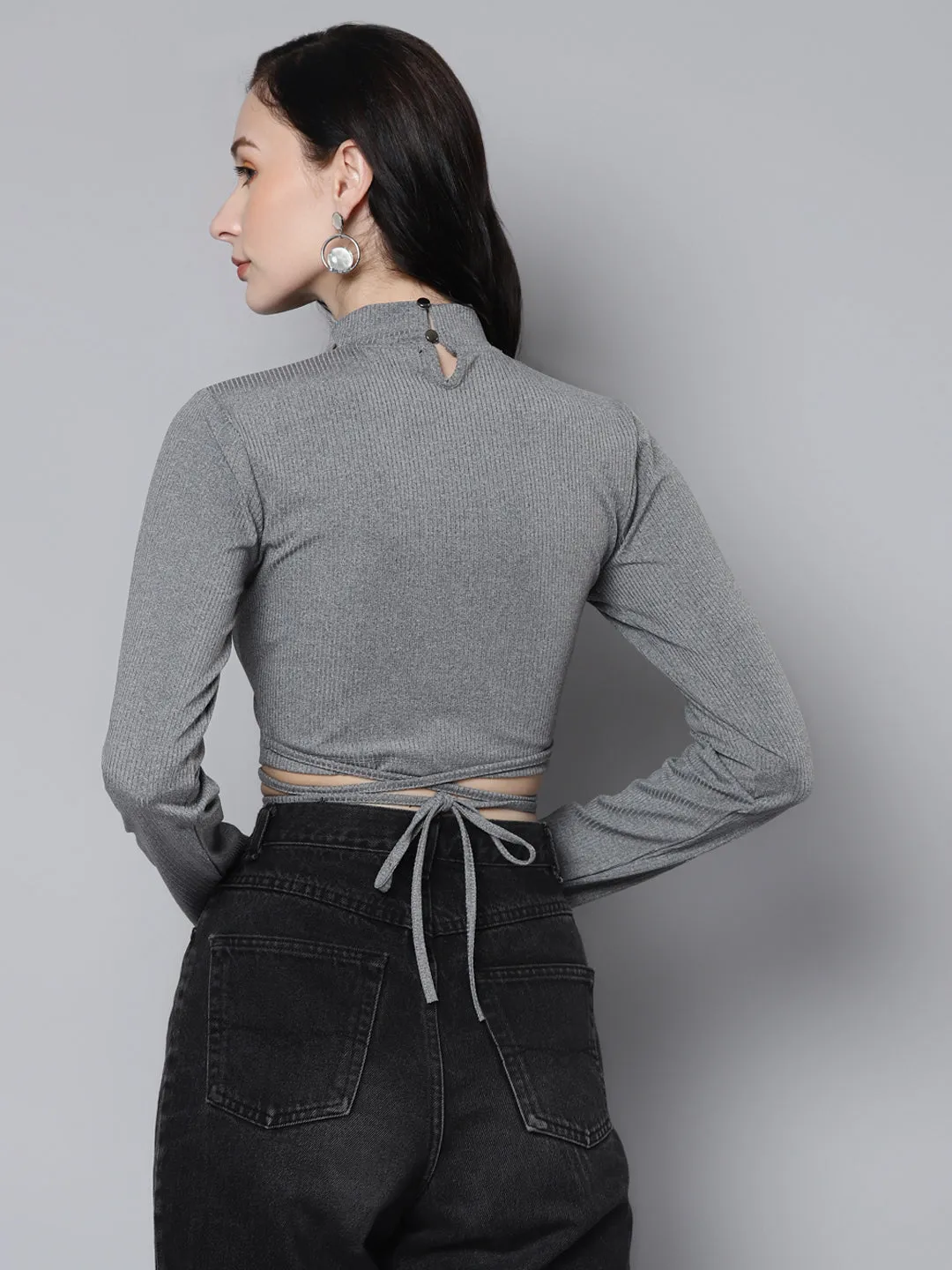 Women Light Grey Rib Waist Tie Crop Top