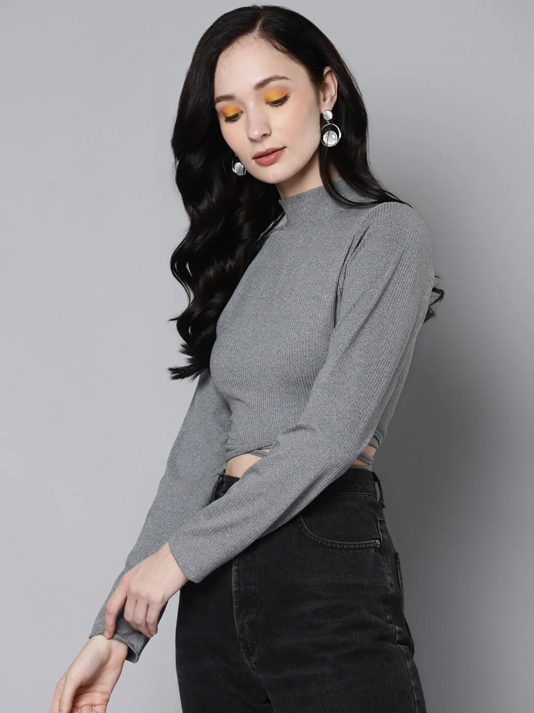Women Light Grey Rib Waist Tie Crop Top