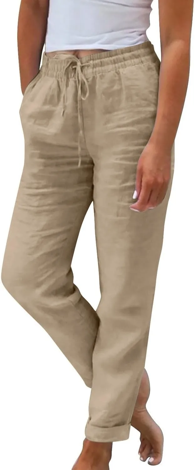 Women Linen Pants Casual Loose Elastic Waistband Boho Cropped Palazzo Beach Pants Summer Outfits 2025