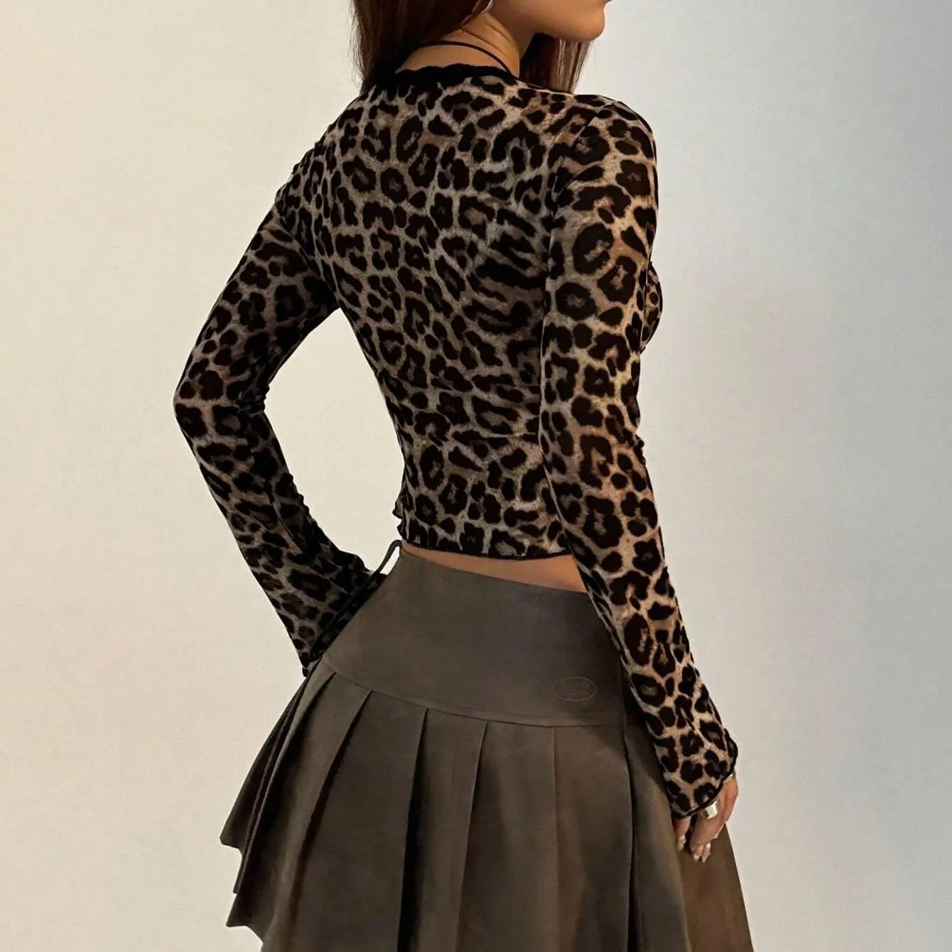 Women Sexy Bow Tie Front Leopard Print Mesh Crop Top Slim Fit Long Sleeve Ruffle Mesh Lace Cheetah Crop T Shirt