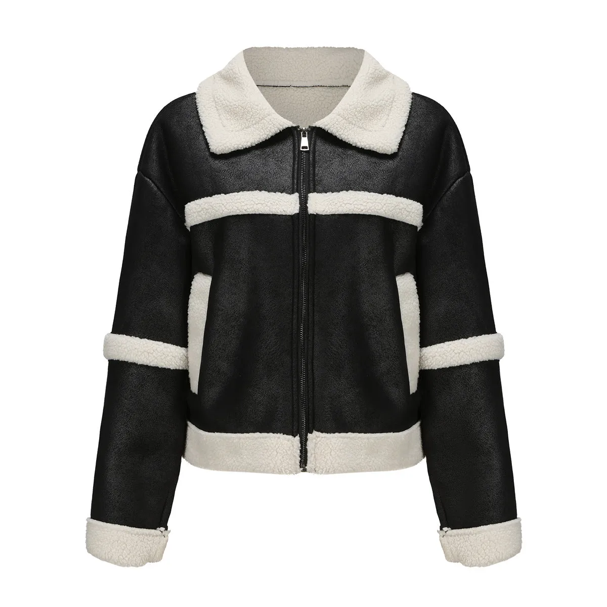 Women Warm Fleece Leather Jacket