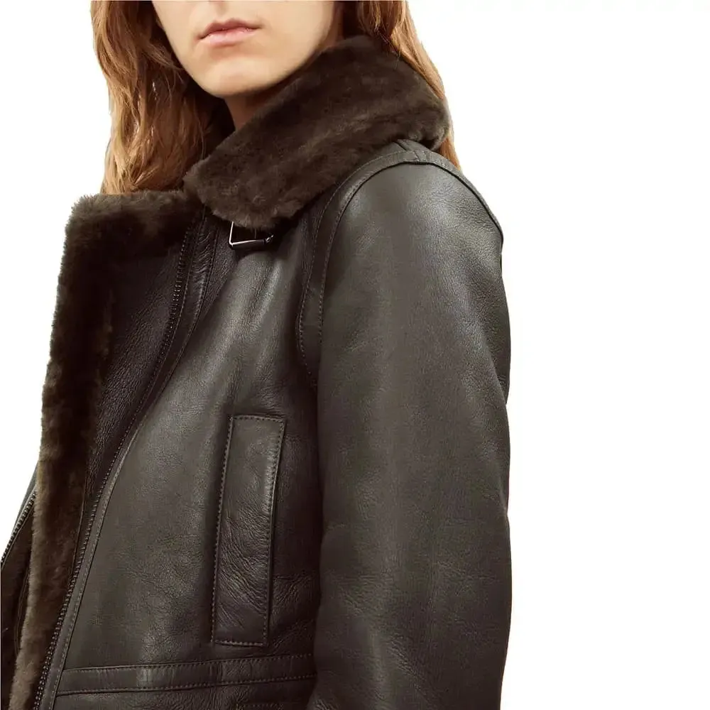 Women's Black Shearling Bomber Leather Jacket Stylish & Warm
