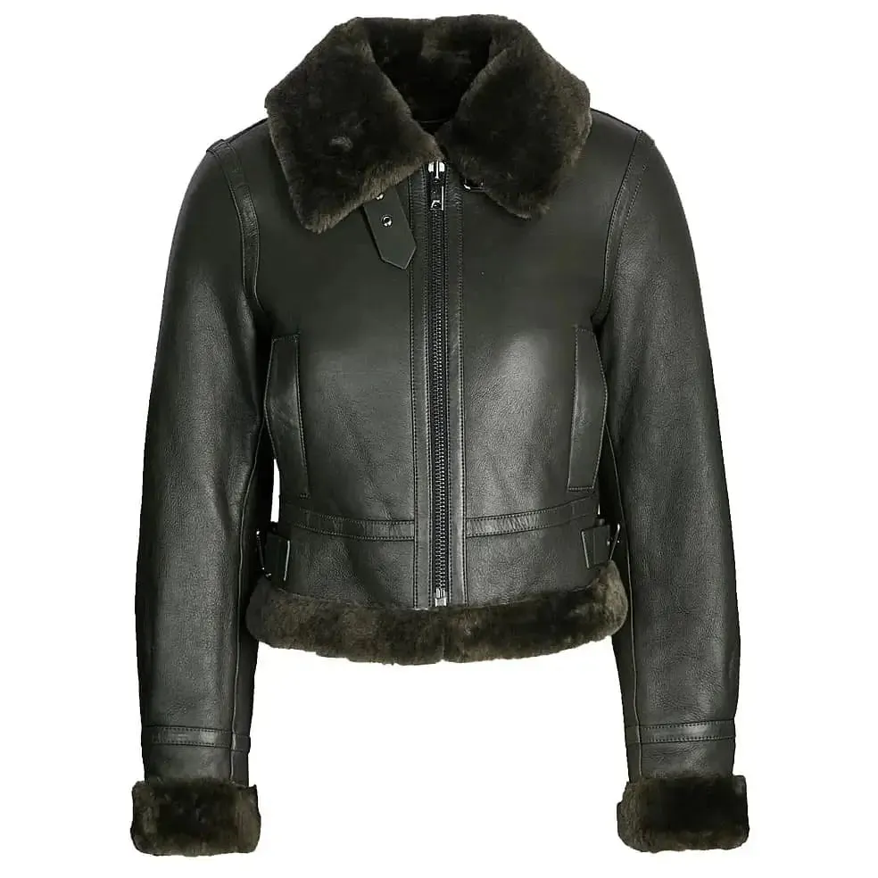 Women's Black Shearling Bomber Leather Jacket Stylish & Warm