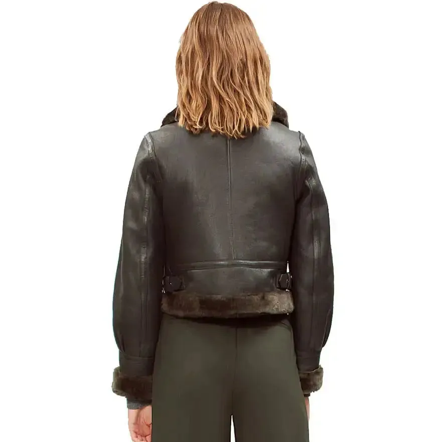 Women's Black Shearling Bomber Leather Jacket Stylish & Warm