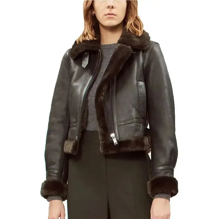 Women's Black Shearling Bomber Leather Jacket Stylish & Warm
