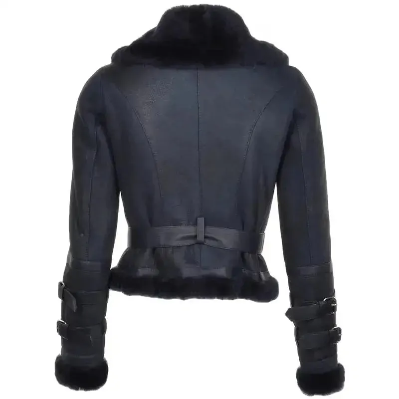 Women's Black Sheepskin Shearling Leather Bomber Jacket Stylish & Warm