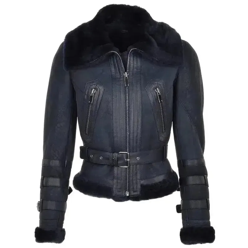 Women's Black Sheepskin Shearling Leather Bomber Jacket Stylish & Warm