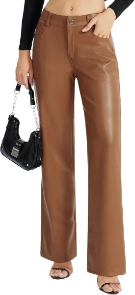 Women's Faux Leather Pants Button PU Jeans Straight Wide Leg Trousers with Pockets
