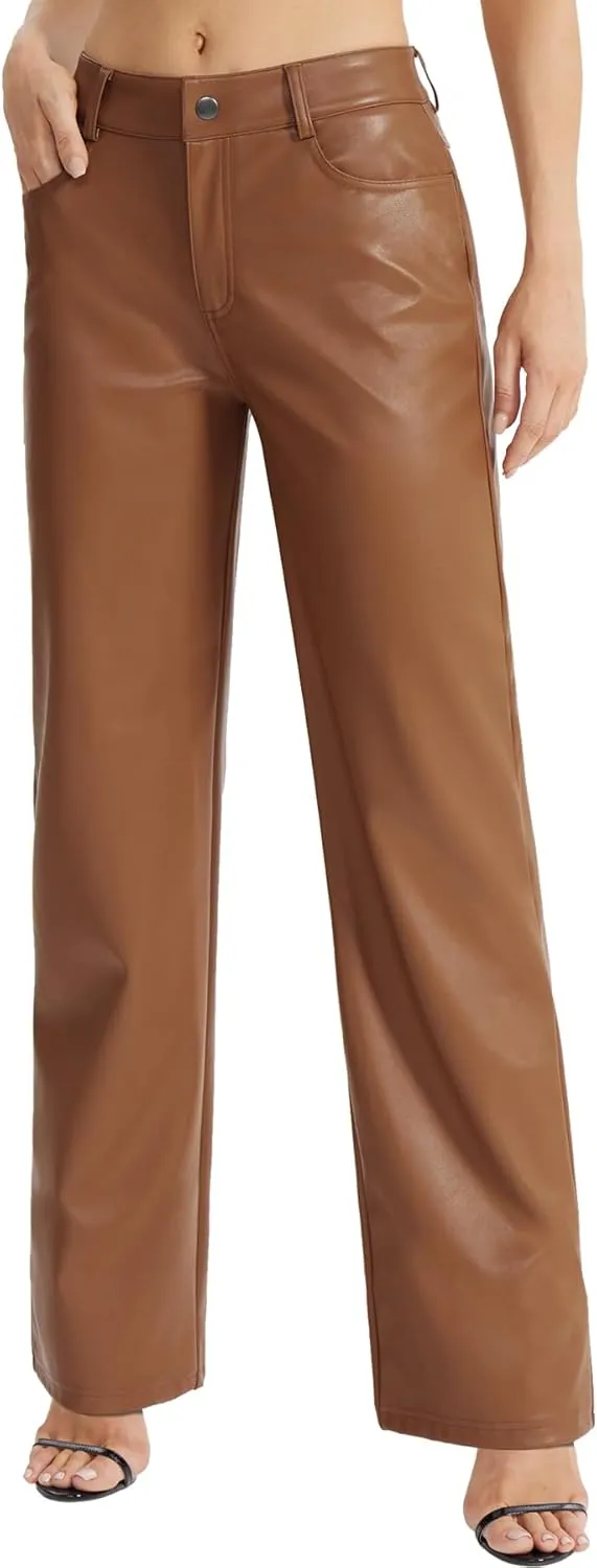 Women's Faux Leather Pants Button PU Jeans Straight Wide Leg Trousers with Pockets