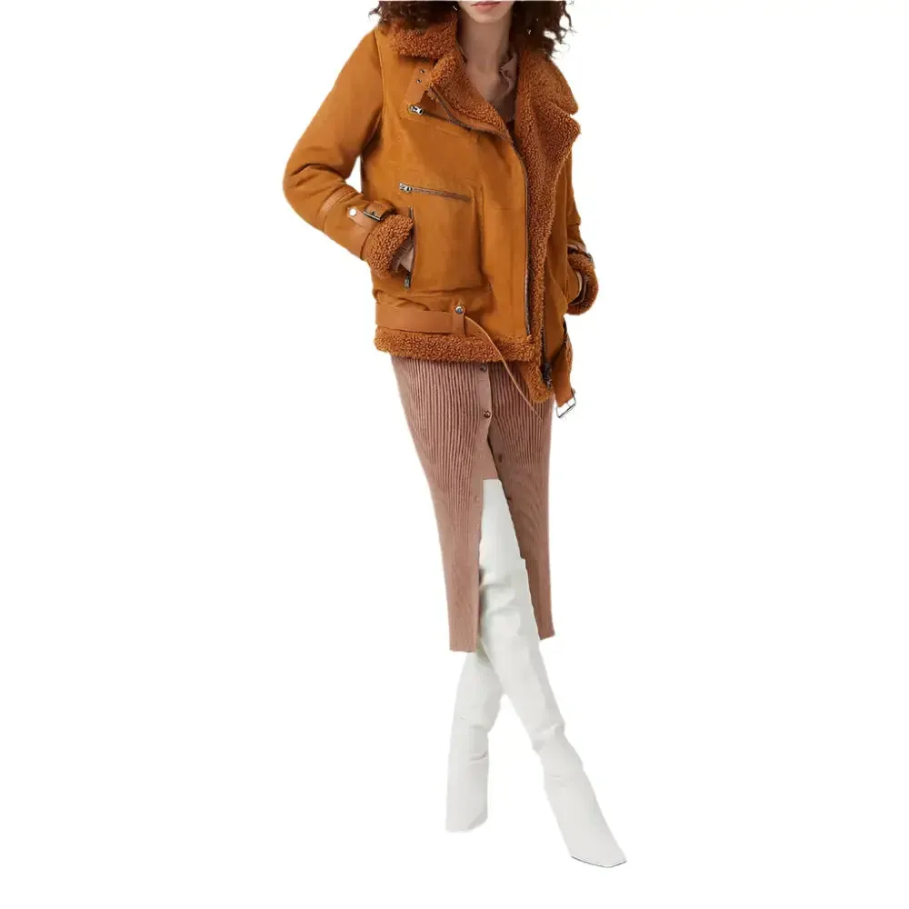 Women's Ginger Sheepskin Shearling Leather Jacket - Stylish & Warm