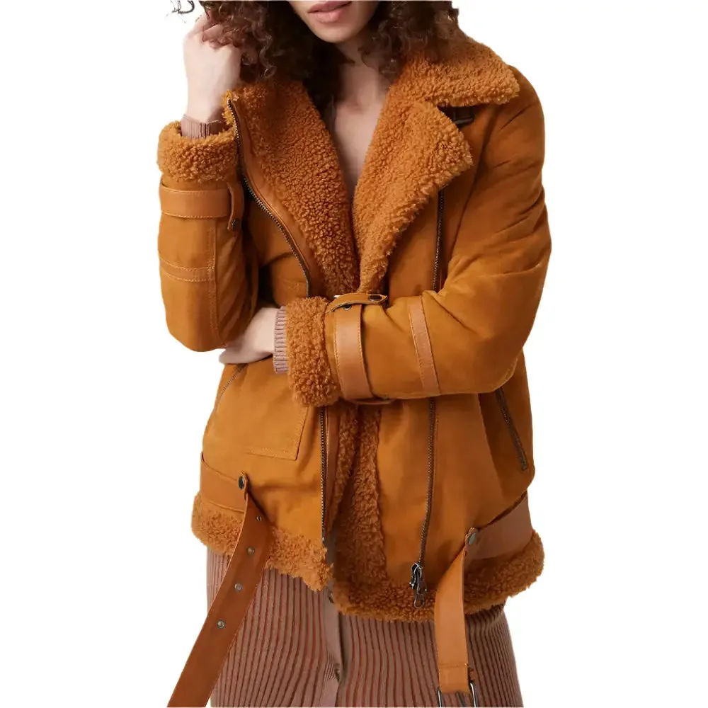 Women's Ginger Sheepskin Shearling Leather Jacket - Stylish & Warm