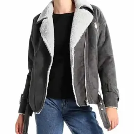 Women's Grey Shearling Motorcycle Jacket – Stylish & Warm