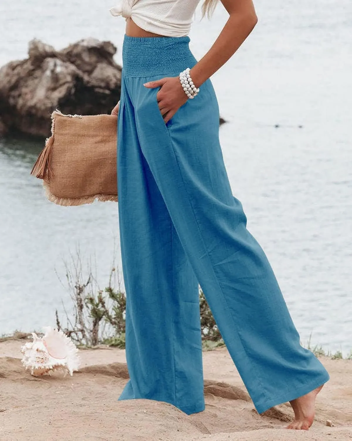 Womens Linen Palazzo Pants Lightweight High Waisted Wide Leg Pant Lounge Flowy Summer Boho Vacation Beach Pant Trousers
