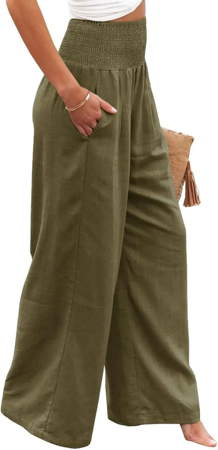 Womens Linen Pants Boho Wide Leg Lounge Pant High Waist Palazzo Pant Summer Beach Trousers Travel Vacation Outfits