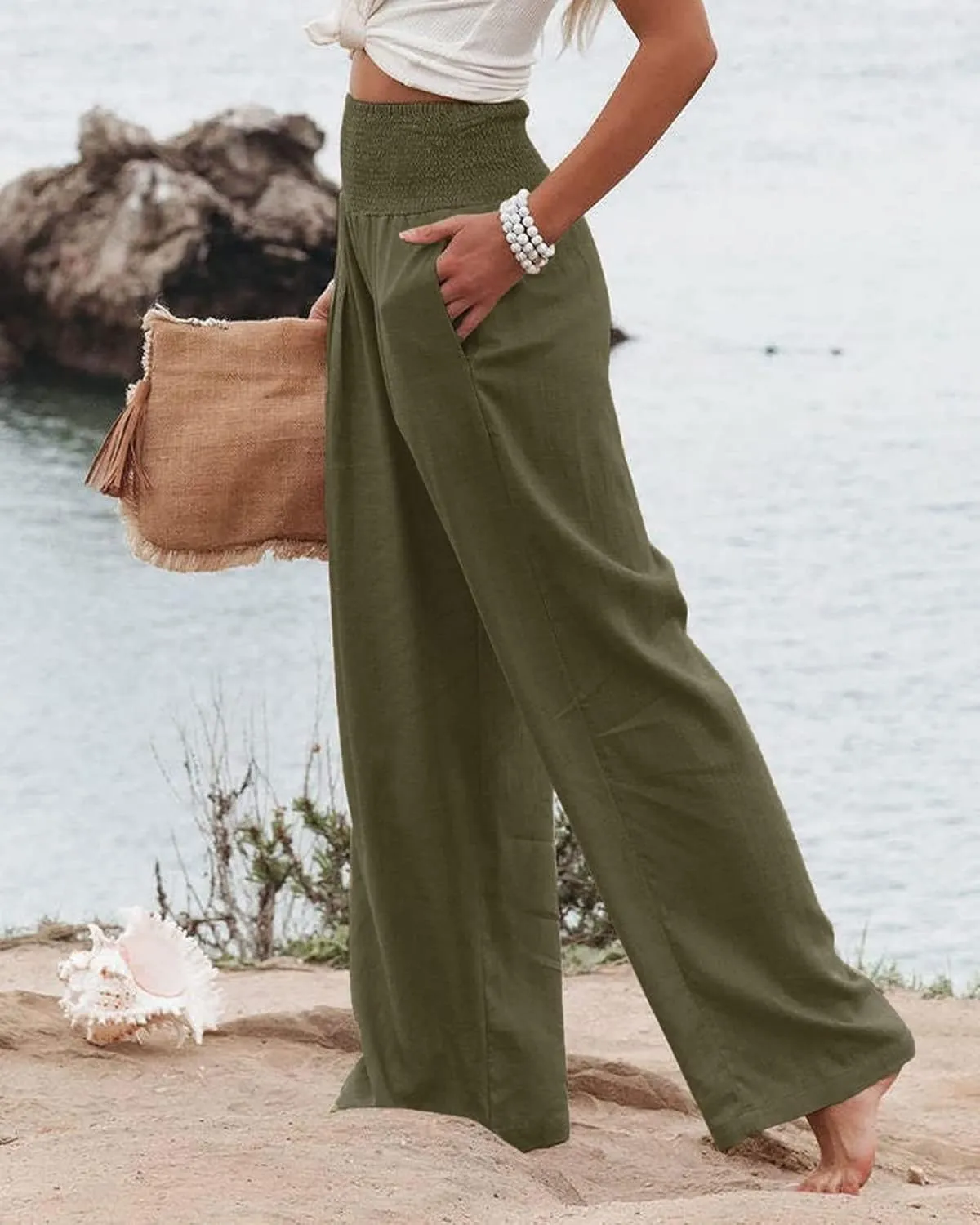 Womens Linen Pants Boho Wide Leg Lounge Pant High Waist Palazzo Pant Summer Beach Trousers Travel Vacation Outfits