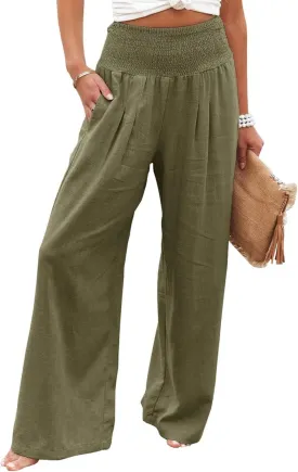 Womens Linen Pants Boho Wide Leg Lounge Pant High Waist Palazzo Pant Summer Beach Trousers Travel Vacation Outfits