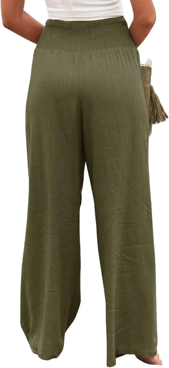 Womens Linen Pants Boho Wide Leg Lounge Pant High Waist Palazzo Pant Summer Beach Trousers Travel Vacation Outfits
