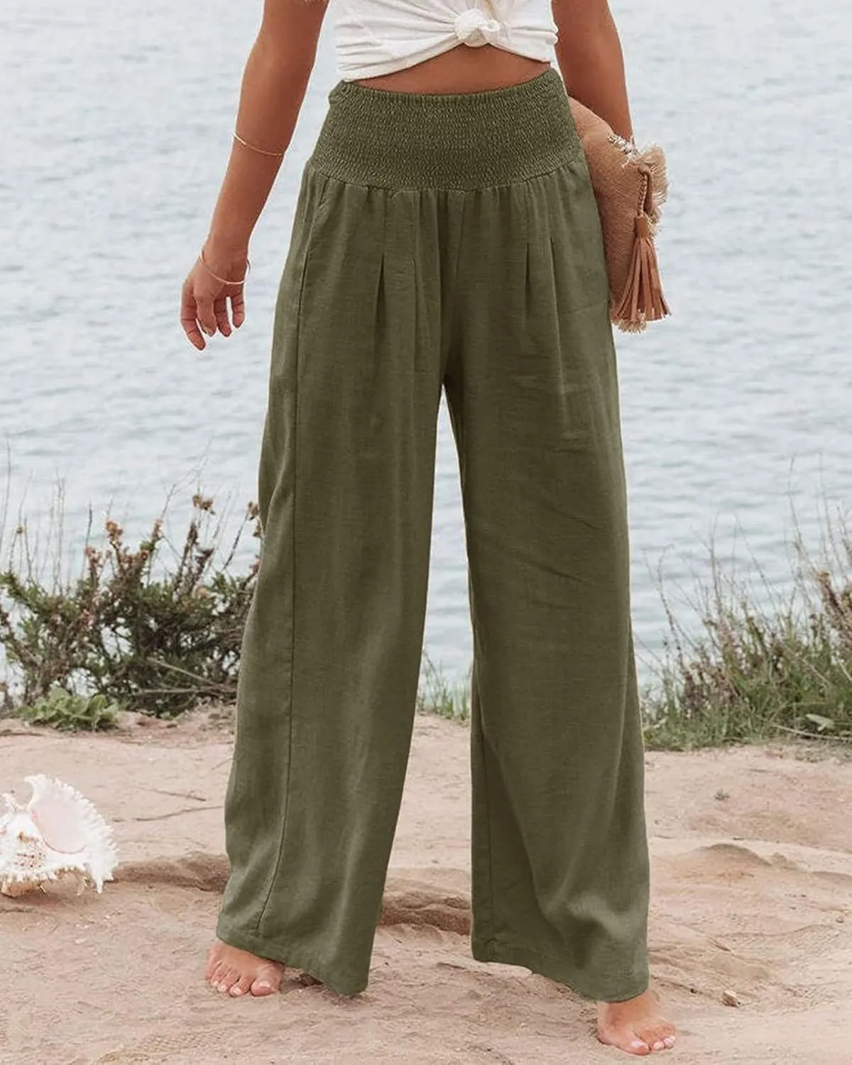 Womens Linen Pants Boho Wide Leg Lounge Pant High Waist Palazzo Pant Summer Beach Trousers Travel Vacation Outfits