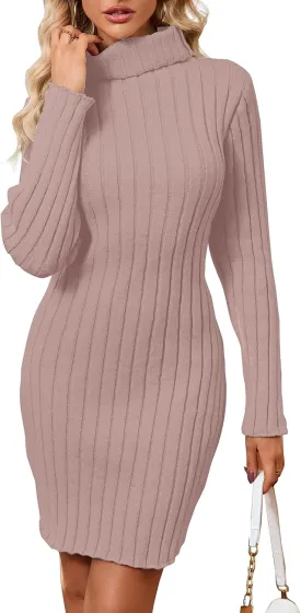 Women's Mock Neck Ribbed Long Sleeve 2025 Spring Bodycon Pullover Cute Mini Sweater Dress Party Club Dress
