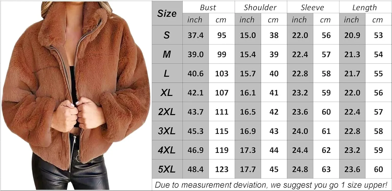 Womens Oversized Long Sleeve Faux Fur Zip Up Fuzzy Crop Winter Teddy Coat Thermal Short Fluffy Sherpa Jacket