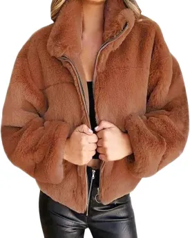 Womens Oversized Long Sleeve Faux Fur Zip Up Fuzzy Crop Winter Teddy Coat Thermal Short Fluffy Sherpa Jacket
