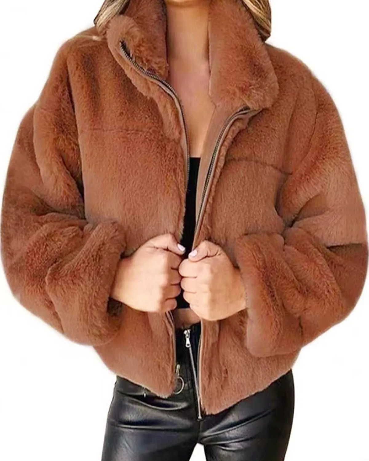 Womens Oversized Long Sleeve Faux Fur Zip Up Fuzzy Crop Winter Teddy Coat Thermal Short Fluffy Sherpa Jacket