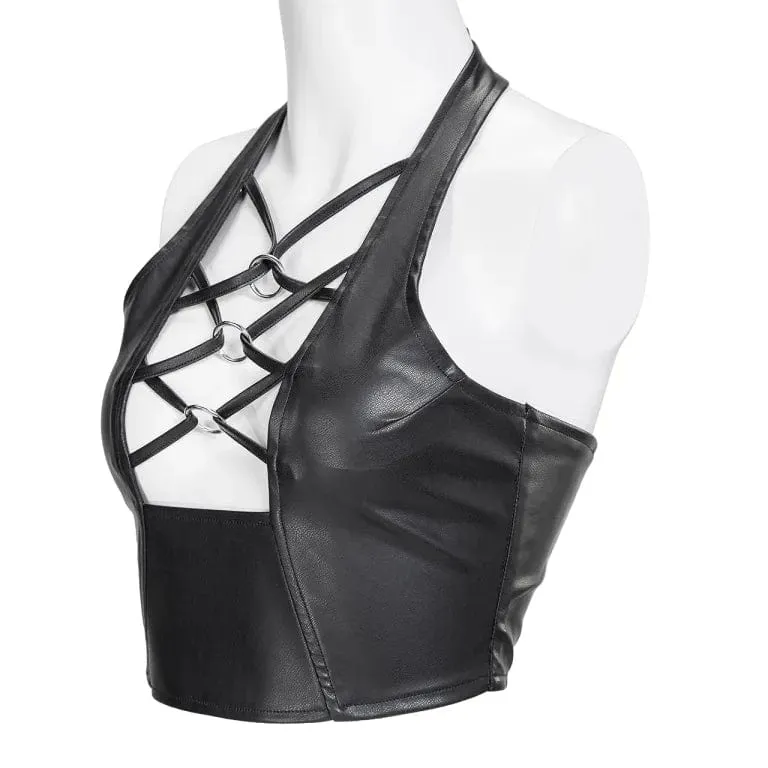 Women's Punk Plunging Halterneck Faux Leather Bustier