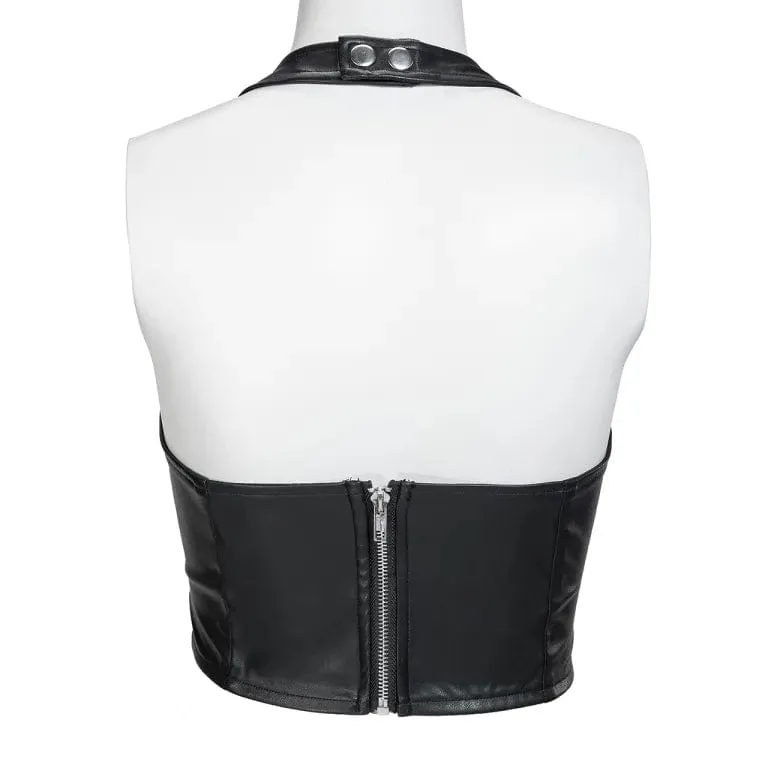 Women's Punk Plunging Halterneck Faux Leather Bustier