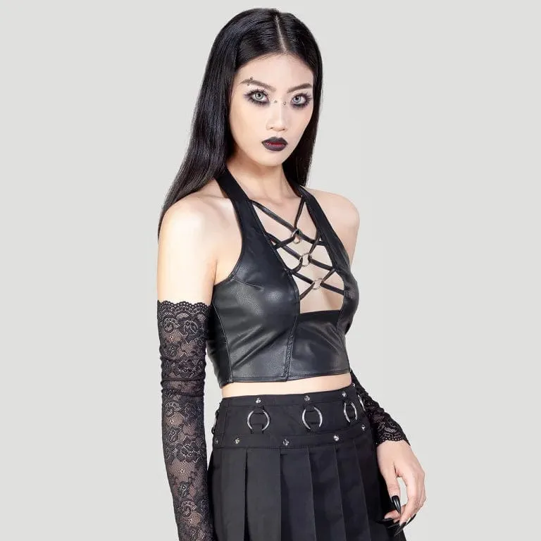 Women's Punk Plunging Halterneck Faux Leather Bustier