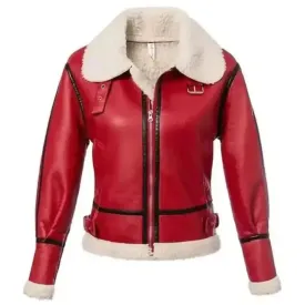 Women's Red Shearling Leather Jacket - Warm & Festive Style