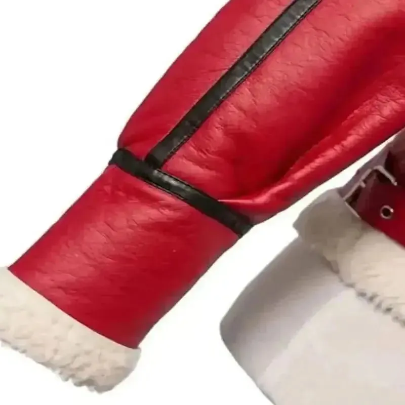 Women's Red Shearling Leather Jacket - Warm & Festive Style