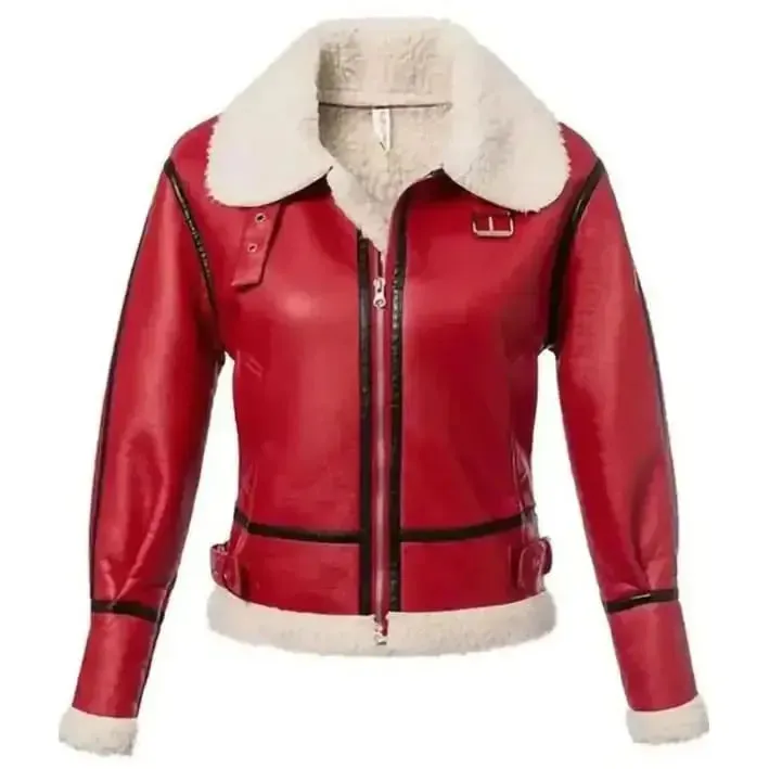 Women's Red Shearling Leather Jacket - Warm & Festive Style