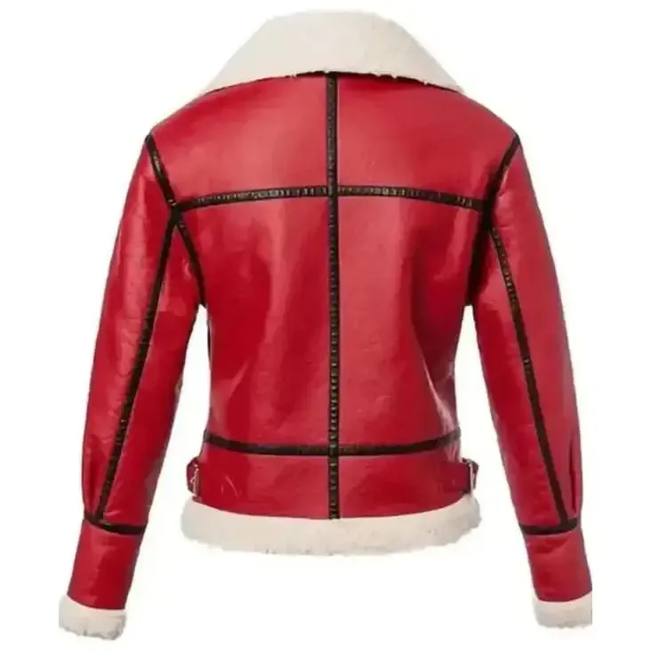 Women's Red Shearling Leather Jacket - Warm & Festive Style