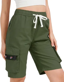XinYangNi Women's Casual Cargo Shorts with Pockets Elastic High Waist Drawstring Bermuda Shorts for Women
