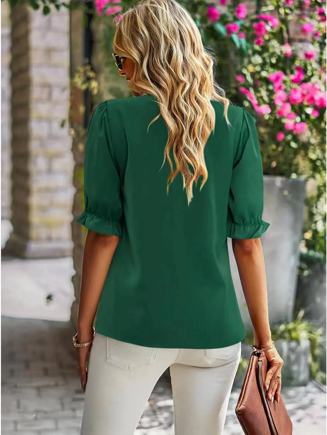 ZILIN Women's Summer Boho Floral Shirt Top Ruffle Mock Neck Puff Short Sleeve 2024 Casual Blouses