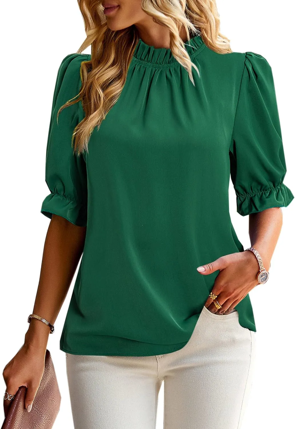ZILIN Women's Summer Boho Floral Shirt Top Ruffle Mock Neck Puff Short Sleeve 2024 Casual Blouses