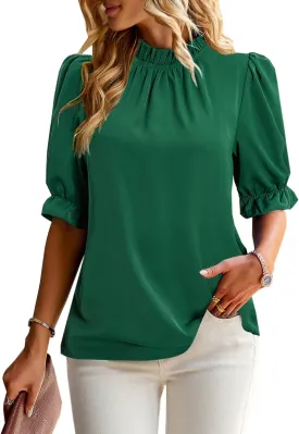 ZILIN Women's Summer Boho Floral Shirt Top Ruffle Mock Neck Puff Short Sleeve 2024 Casual Blouses